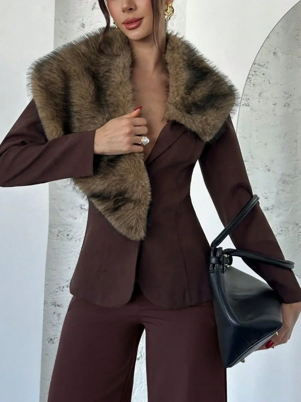 Brown Casual Women's Faux Fur Collar Waist Cinched Long blazer jacket